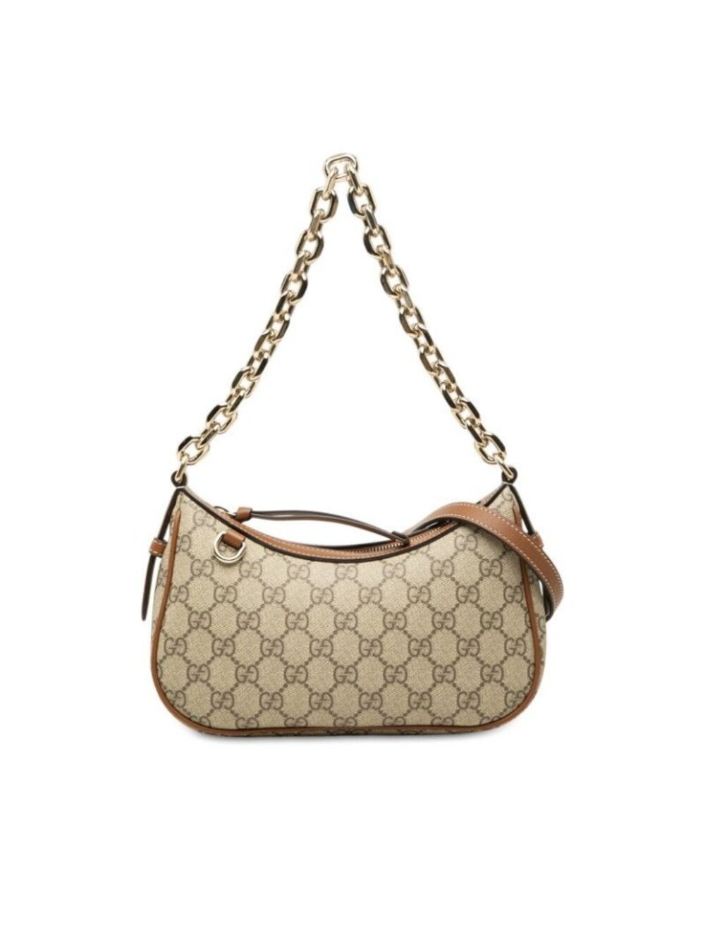 Gucci GG Supreme Emblem Small Chain 2-Way Shoulder Bag Beige Brown Leather
